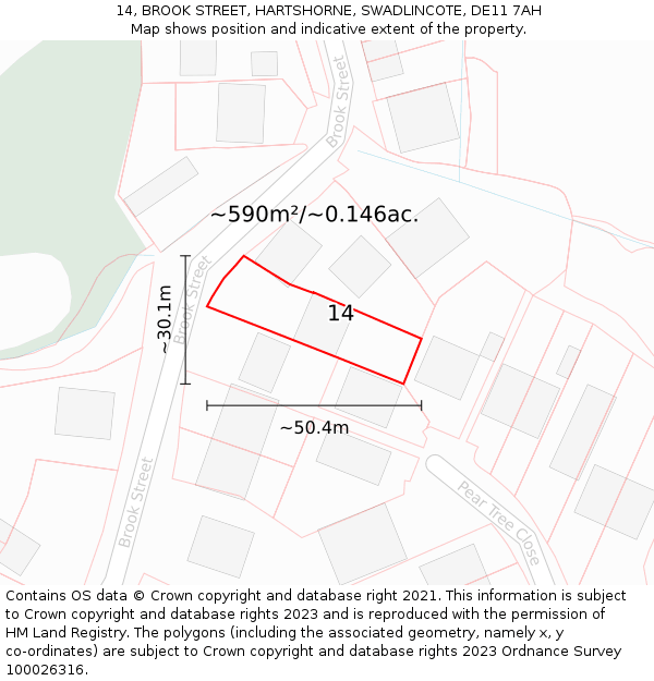 14, BROOK STREET, HARTSHORNE, SWADLINCOTE, DE11 7AH: Plot and title map