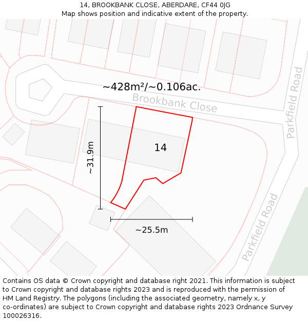 14, BROOKBANK CLOSE, ABERDARE, CF44 0JG: Plot and title map