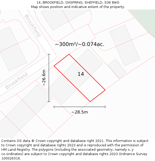 14, BROOKFIELD, OXSPRING, SHEFFIELD, S36 8WG: Plot and title map
