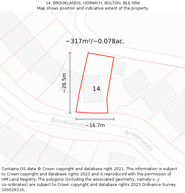 14, BROOKLANDS, HORWICH, BOLTON, BL6 5RW: Plot and title map