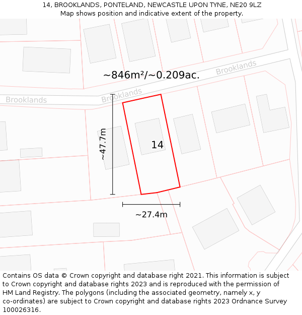 14, BROOKLANDS, PONTELAND, NEWCASTLE UPON TYNE, NE20 9LZ: Plot and title map