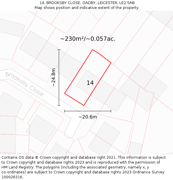 14, BROOKSBY CLOSE, OADBY, LEICESTER, LE2 5AB: Plot and title map