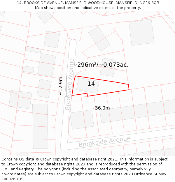 14, BROOKSIDE AVENUE, MANSFIELD WOODHOUSE, MANSFIELD, NG19 8QB: Plot and title map