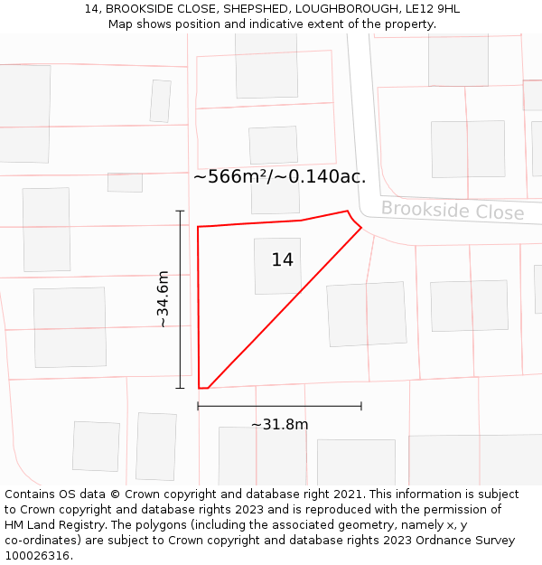 14, BROOKSIDE CLOSE, SHEPSHED, LOUGHBOROUGH, LE12 9HL: Plot and title map