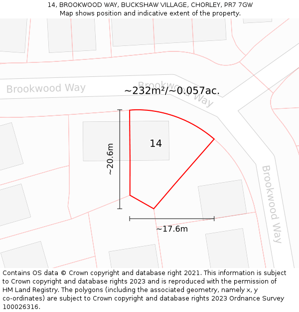 14, BROOKWOOD WAY, BUCKSHAW VILLAGE, CHORLEY, PR7 7GW: Plot and title map
