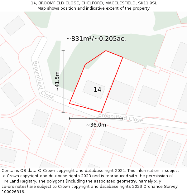 14, BROOMFIELD CLOSE, CHELFORD, MACCLESFIELD, SK11 9SL: Plot and title map