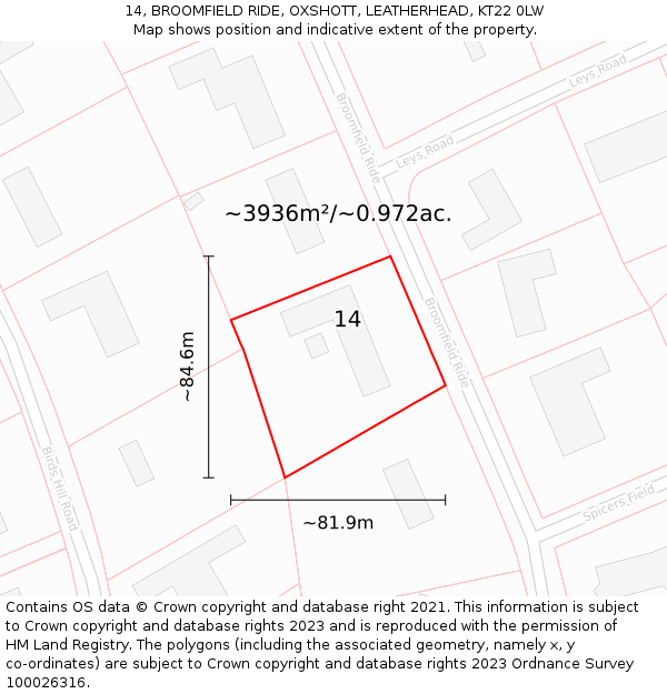 14, BROOMFIELD RIDE, OXSHOTT, LEATHERHEAD, KT22 0LW: Plot and title map