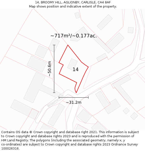 14, BROOMY HILL, AGLIONBY, CARLISLE, CA4 8AF: Plot and title map
