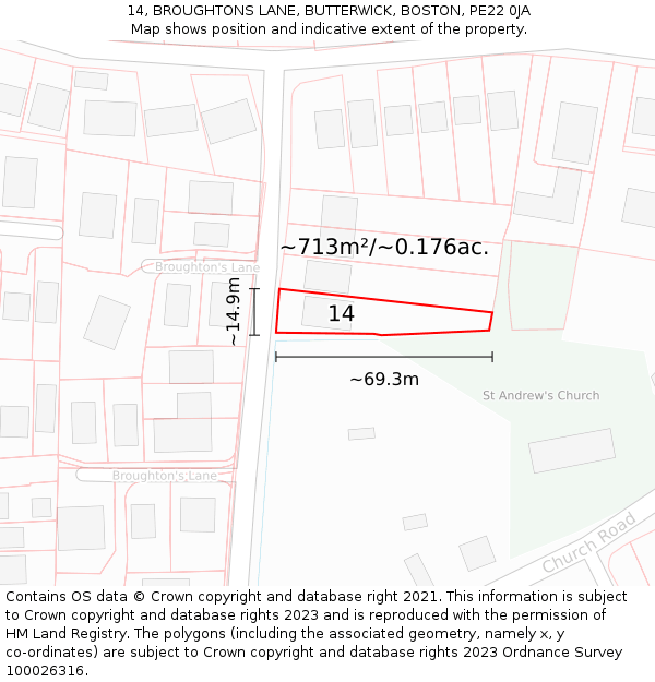 14, BROUGHTONS LANE, BUTTERWICK, BOSTON, PE22 0JA: Plot and title map