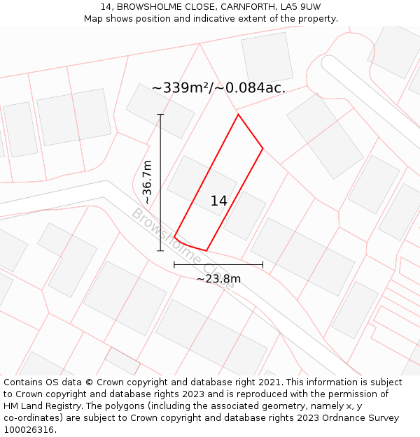 14, BROWSHOLME CLOSE, CARNFORTH, LA5 9UW: Plot and title map
