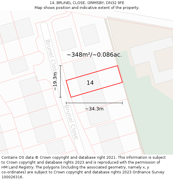 14, BRUNEL CLOSE, GRIMSBY, DN32 9FE: Plot and title map