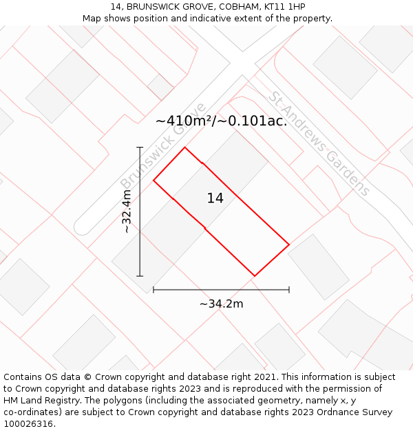 14, BRUNSWICK GROVE, COBHAM, KT11 1HP: Plot and title map