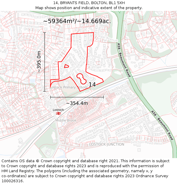 14, BRYANTS FIELD, BOLTON, BL1 5XH: Plot and title map