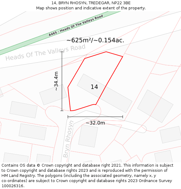 14, BRYN RHOSYN, TREDEGAR, NP22 3BE: Plot and title map