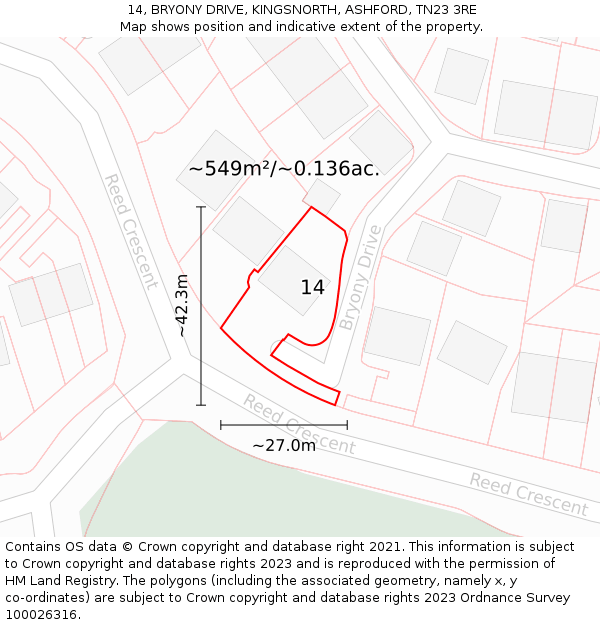 14, BRYONY DRIVE, KINGSNORTH, ASHFORD, TN23 3RE: Plot and title map