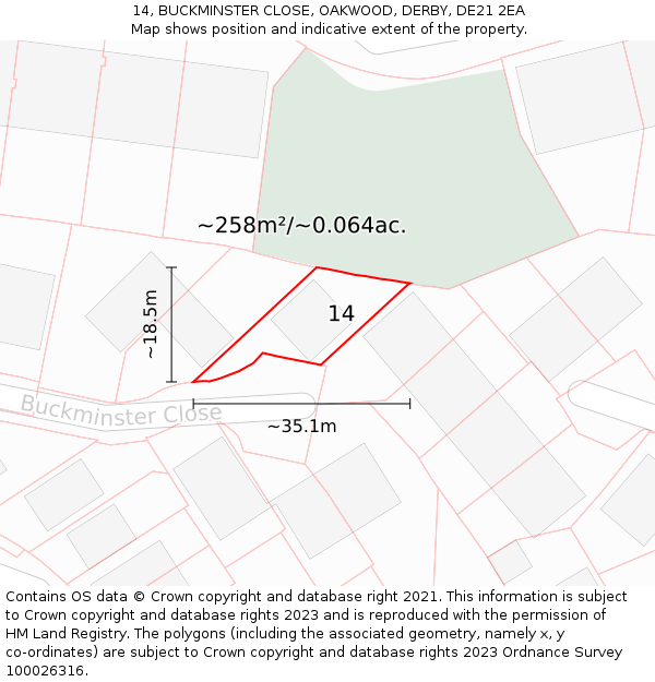 14, BUCKMINSTER CLOSE, OAKWOOD, DERBY, DE21 2EA: Plot and title map