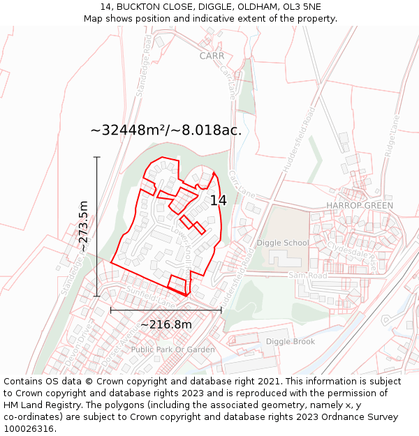 14, BUCKTON CLOSE, DIGGLE, OLDHAM, OL3 5NE: Plot and title map