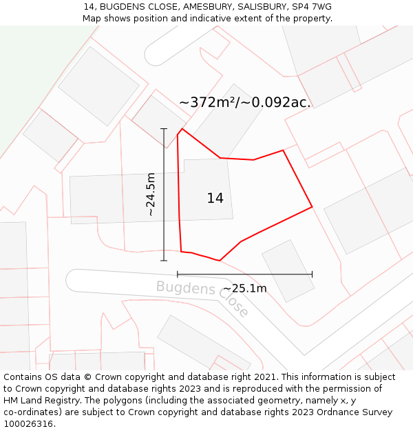 14, BUGDENS CLOSE, AMESBURY, SALISBURY, SP4 7WG: Plot and title map