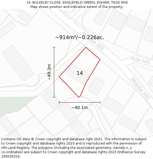 14, BULKELEY CLOSE, ENGLEFIELD GREEN, EGHAM, TW20 0NS: Plot and title map
