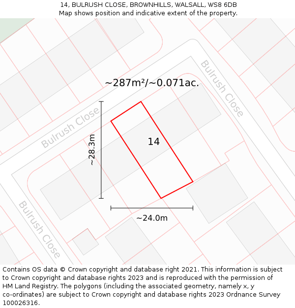 14, BULRUSH CLOSE, BROWNHILLS, WALSALL, WS8 6DB: Plot and title map