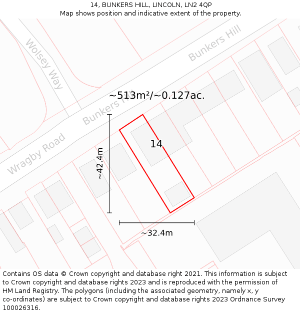 14, BUNKERS HILL, LINCOLN, LN2 4QP: Plot and title map