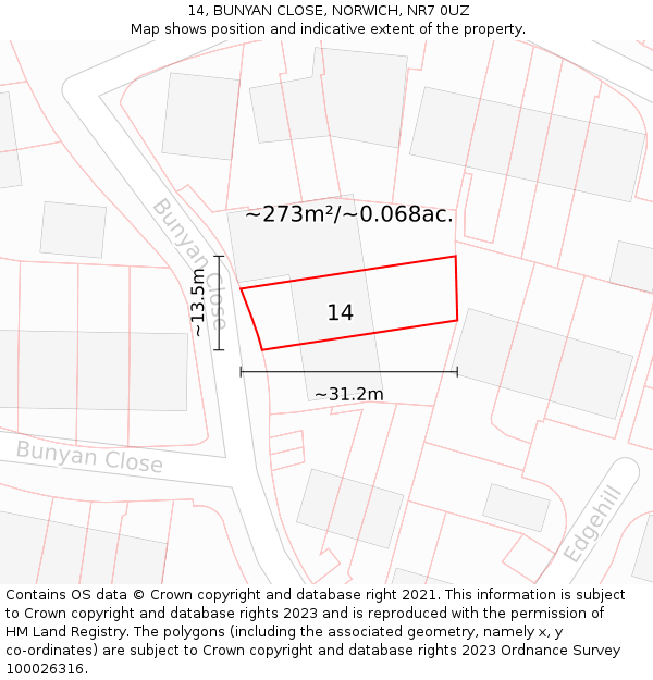 14, BUNYAN CLOSE, NORWICH, NR7 0UZ: Plot and title map