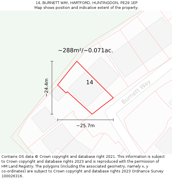 14, BURNETT WAY, HARTFORD, HUNTINGDON, PE29 1EP: Plot and title map