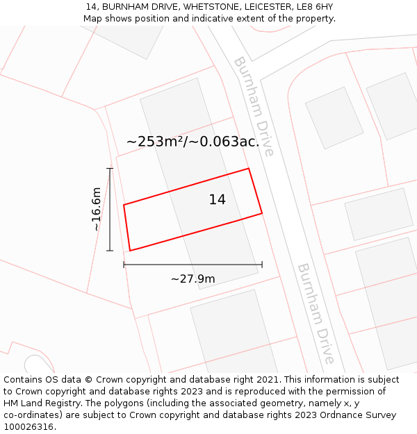 14, BURNHAM DRIVE, WHETSTONE, LEICESTER, LE8 6HY: Plot and title map