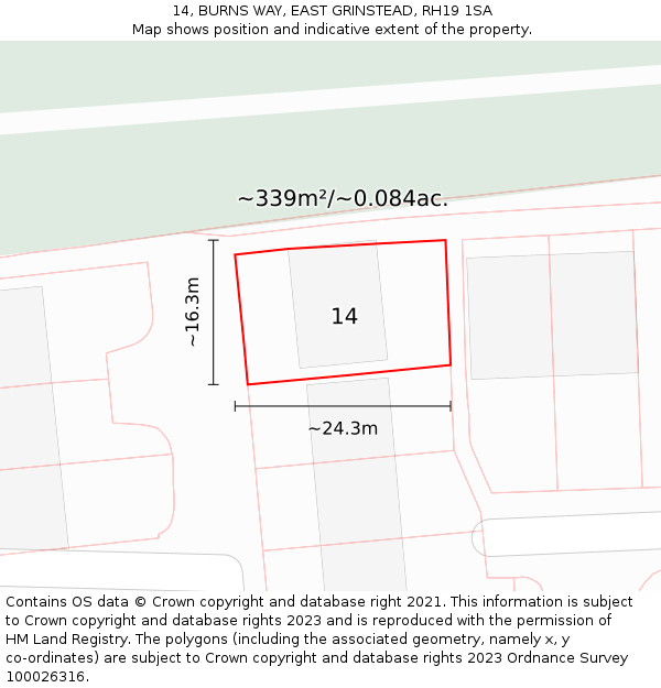 14, BURNS WAY, EAST GRINSTEAD, RH19 1SA: Plot and title map