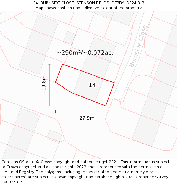 14, BURNSIDE CLOSE, STENSON FIELDS, DERBY, DE24 3LR: Plot and title map