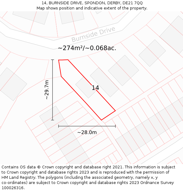 14, BURNSIDE DRIVE, SPONDON, DERBY, DE21 7QQ: Plot and title map