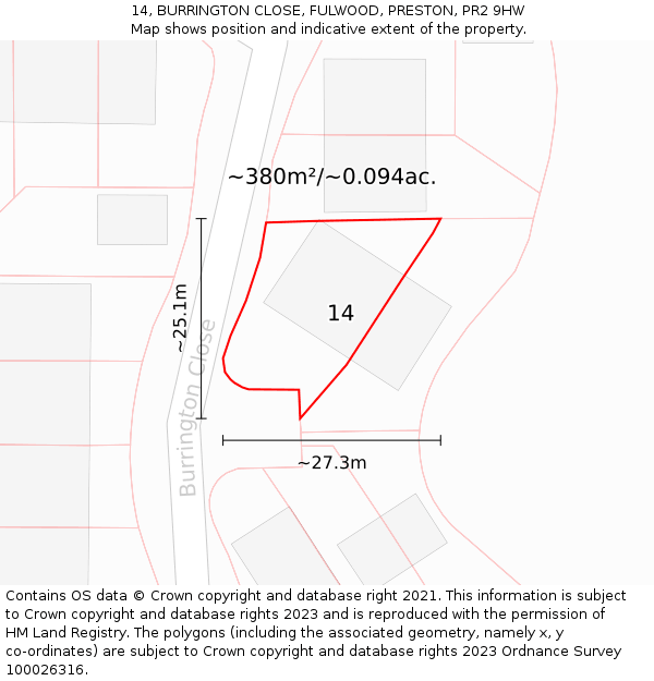 14, BURRINGTON CLOSE, FULWOOD, PRESTON, PR2 9HW: Plot and title map