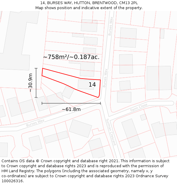 14, BURSES WAY, HUTTON, BRENTWOOD, CM13 2PL: Plot and title map