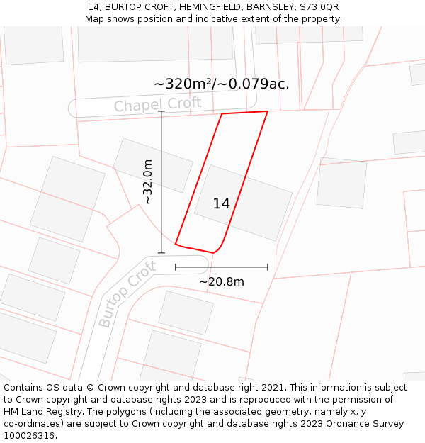 14, BURTOP CROFT, HEMINGFIELD, BARNSLEY, S73 0QR: Plot and title map