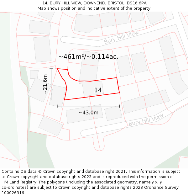 14, BURY HILL VIEW, DOWNEND, BRISTOL, BS16 6PA: Plot and title map