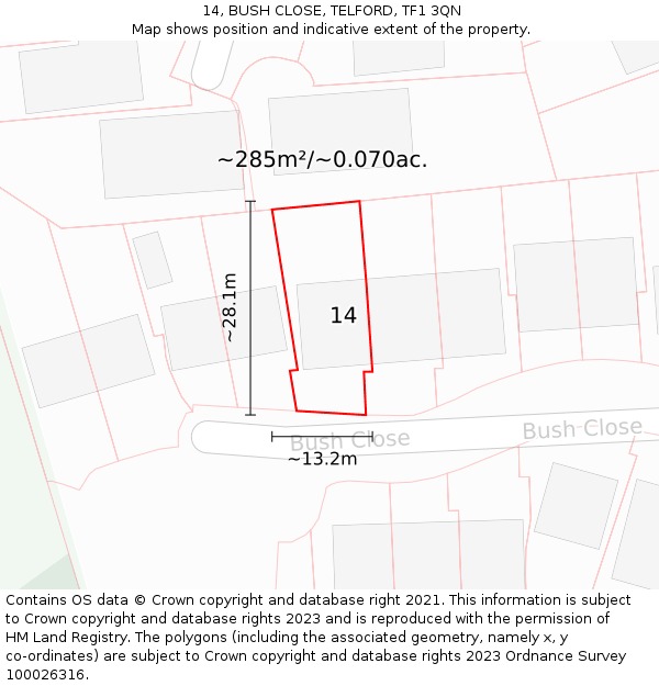 14, BUSH CLOSE, TELFORD, TF1 3QN: Plot and title map