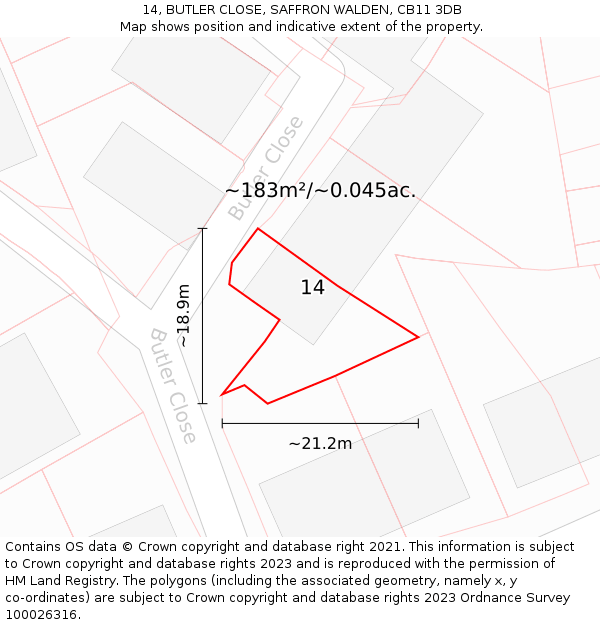 14, BUTLER CLOSE, SAFFRON WALDEN, CB11 3DB: Plot and title map