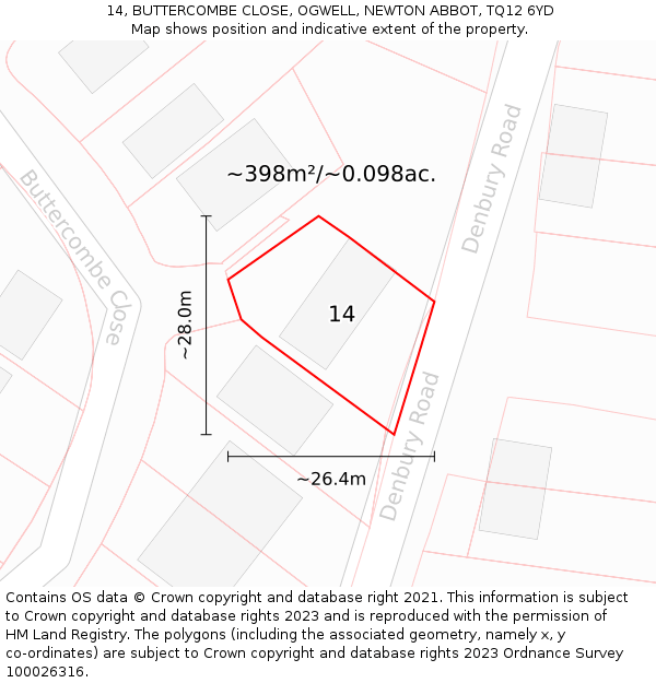 14, BUTTERCOMBE CLOSE, OGWELL, NEWTON ABBOT, TQ12 6YD: Plot and title map