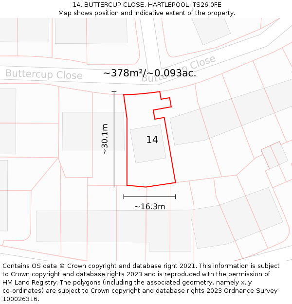 14, BUTTERCUP CLOSE, HARTLEPOOL, TS26 0FE: Plot and title map