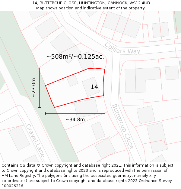 14, BUTTERCUP CLOSE, HUNTINGTON, CANNOCK, WS12 4UB: Plot and title map