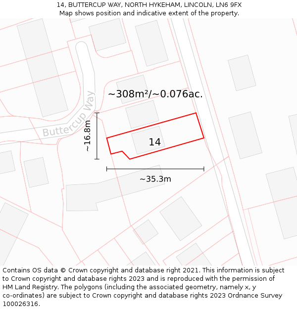 14, BUTTERCUP WAY, NORTH HYKEHAM, LINCOLN, LN6 9FX: Plot and title map