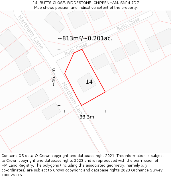 14, BUTTS CLOSE, BIDDESTONE, CHIPPENHAM, SN14 7DZ: Plot and title map