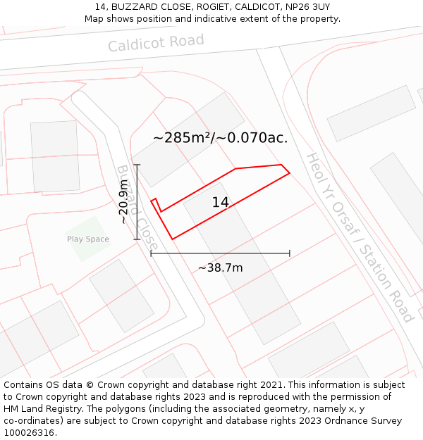 14, BUZZARD CLOSE, ROGIET, CALDICOT, NP26 3UY: Plot and title map