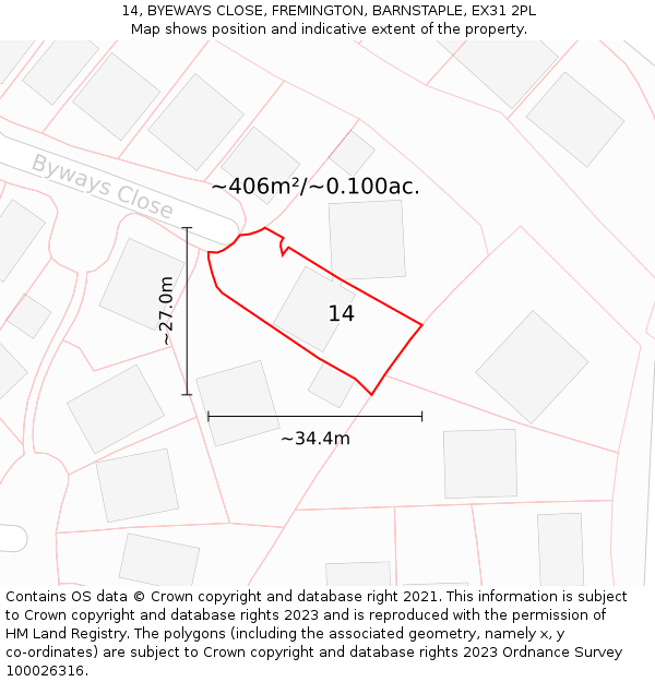 14, BYEWAYS CLOSE, FREMINGTON, BARNSTAPLE, EX31 2PL: Plot and title map