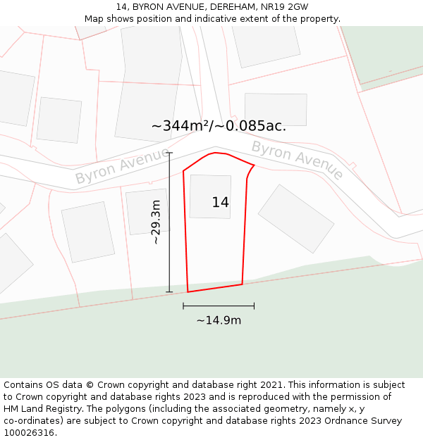 14, BYRON AVENUE, DEREHAM, NR19 2GW: Plot and title map