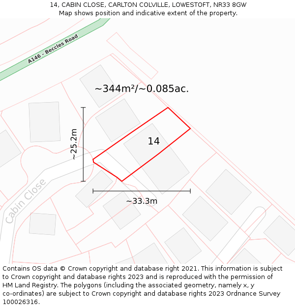14, CABIN CLOSE, CARLTON COLVILLE, LOWESTOFT, NR33 8GW: Plot and title map
