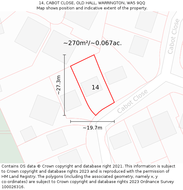 14, CABOT CLOSE, OLD HALL, WARRINGTON, WA5 9QQ: Plot and title map