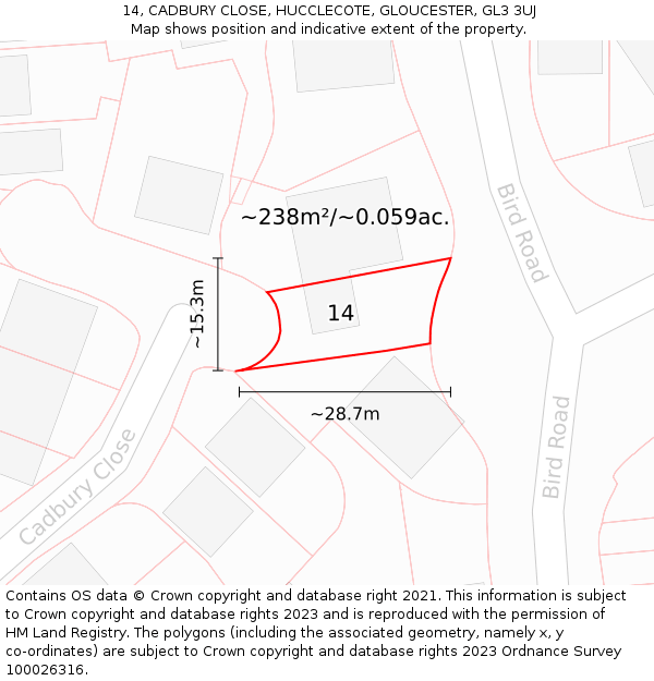 14, CADBURY CLOSE, HUCCLECOTE, GLOUCESTER, GL3 3UJ: Plot and title map