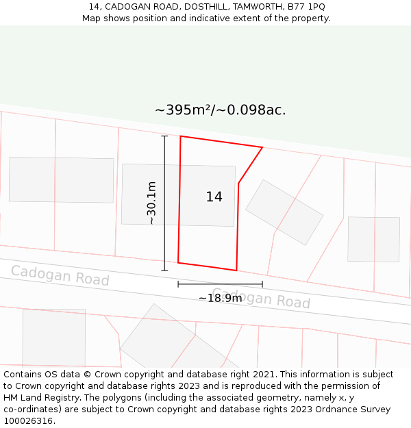 14, CADOGAN ROAD, DOSTHILL, TAMWORTH, B77 1PQ: Plot and title map