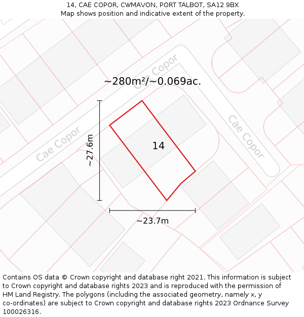 14, CAE COPOR, CWMAVON, PORT TALBOT, SA12 9BX: Plot and title map